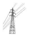 High voltage power line electric transmission tower vector silhouette isolated on white. Electricity production, distribution.