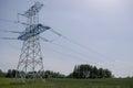 High-voltage power line in forest-steppe landscape. Transmission tower with two-level structure with insulators and wires. Royalty Free Stock Photo