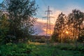 High voltage power line in forest at sunset