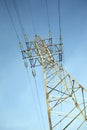 High-voltage power line metal prop over clear cloudless blue sky Royalty Free Stock Photo