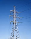 High-voltage power line metal prop over clear cloudless blue sky Royalty Free Stock Photo