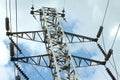 High-voltage power line metal prop over sky with clouds Royalty Free Stock Photo