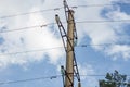 High voltage power line pole and wires Royalty Free Stock Photo