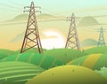 High voltage power line. Rural landscape. Energy supply. Metal frame poles support wires. Cartoon fun style. Flat design Royalty Free Stock Photo