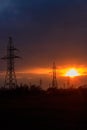 High voltage power line at sunset Royalty Free Stock Photo