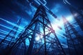 High voltage power line and high voltage tower in blue sky. 3d rendering, Power supports on the digital background. Energy Royalty Free Stock Photo