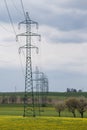 High voltage power lines above spring meadow. Electricity poles Royalty Free Stock Photo