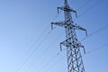 High-voltage power lines against a blue sky background. Towers for the transmission of electricity. Power transmission lines Royalty Free Stock Photo