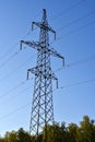 High-voltage power lines against a blue sky background. Towers for the transmission of electricity. Power transmission lines Royalty Free Stock Photo