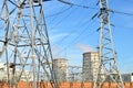 High voltage power lines on blue sky background. Electric transmission pylon tower. Wire electrical energy. Electricity concept Royalty Free Stock Photo