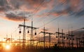 High-voltage power lines. Distribution electric substation with power lines and transformers Royalty Free Stock Photo