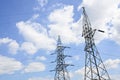 High voltage power lines with electricity pylons at blue sky. Royalty Free Stock Photo