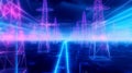 High voltage power lines in neon glow