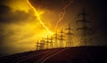 High voltage power lines and pylons in the sky at sunset Royalty Free Stock Photo