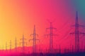 High voltage power lines and pylons at sunset. Electricity distribution station. Royalty Free Stock Photo