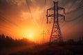 High voltage power lines and pylons at sunset. Electricity distribution station. Big electricity pylon view at sunset time, AI Royalty Free Stock Photo