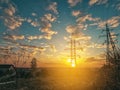 High voltage power lines. Sunset background. High voltage tower Royalty Free Stock Photo