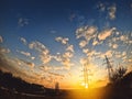 High voltage power lines. Sunset background. High voltage tower Royalty Free Stock Photo