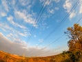 High voltage power lines. Sunset background. High voltage tower Royalty Free Stock Photo