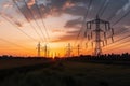 High voltage power lines at sunset. Electricity distribution station. Big electricity pylon view at sunset time, AI Generated Royalty Free Stock Photo