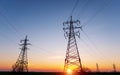 High-voltage power lines at sunset. electricity distribution station. high voltage electric transmission tower Royalty Free Stock Photo