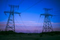 high-voltage power lines at sunset. electricity distribution sta Royalty Free Stock Photo