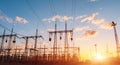 High voltage power lines at sunset. Thermal power plant. High-voltage transformer substation Royalty Free Stock Photo