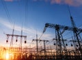 High voltage power lines at sunset. Thermal power plant. High-voltage transformer substation Royalty Free Stock Photo