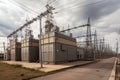 High voltage power lines and high voltage transformer substation in Poland. Electric substation with power lines and transformer,
