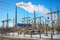 High voltage power lines in the winter. Thermal power plant. Royalty Free Stock Photo