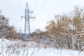 High voltage power lines in the winter. Winter landscape Royalty Free Stock Photo