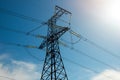 A high voltage power pylons against blue sky Royalty Free Stock Photo