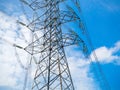 A high voltage power pylons against blue sky Royalty Free Stock Photo