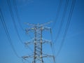 A high voltage power pylons against blue sky Royalty Free Stock Photo