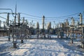 High-voltage power station in winter high-voltage wires