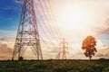 high voltage power supply and power line with sunrise and tree background