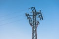 High voltage power tower pylon and line cables Royalty Free Stock Photo