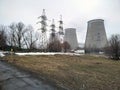 High-voltage power transmission lines and a heat and power station: somewhere in the suburbs of Moscow Royalty Free Stock Photo