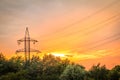 High voltage power transmission tower with electrical energy wires Royalty Free Stock Photo