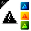 High voltage sign icon isolated. Danger symbol. Arrow in triangle. Warning icon. Set icons colorful square buttons Royalty Free Stock Photo