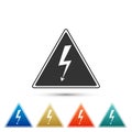 High voltage sign icon isolated on white background. Danger symbol. Arrow in triangle. Warning icon. Set elements in Royalty Free Stock Photo
