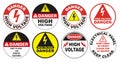 High voltage sign. Round different electric shock danger signs. Vector illustration