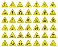 High voltage sign. Triangular yellow electrical hazard signs. Vector illustration
