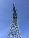 High voltage steel power line in front of a blue sky