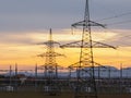 High-voltage substation switchyard with lines and transformers Royalty Free Stock Photo