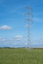 High voltage tower and cable line in the countryside under a blue sky Royalty Free Stock Photo