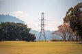 High voltage tower electric line cable with landscape nature grass and trees Royalty Free Stock Photo