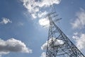 High voltage tower, Electric post and electric cable on the field in the countryside with white cloudy and blue sky background. Royalty Free Stock Photo