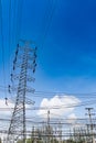 High voltage tower, Electricity post, Electric post, deep blue sky background Royalty Free Stock Photo