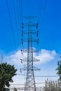 High voltage tower, Electricity post, Electric post on deep blue sky background Royalty Free Stock Photo